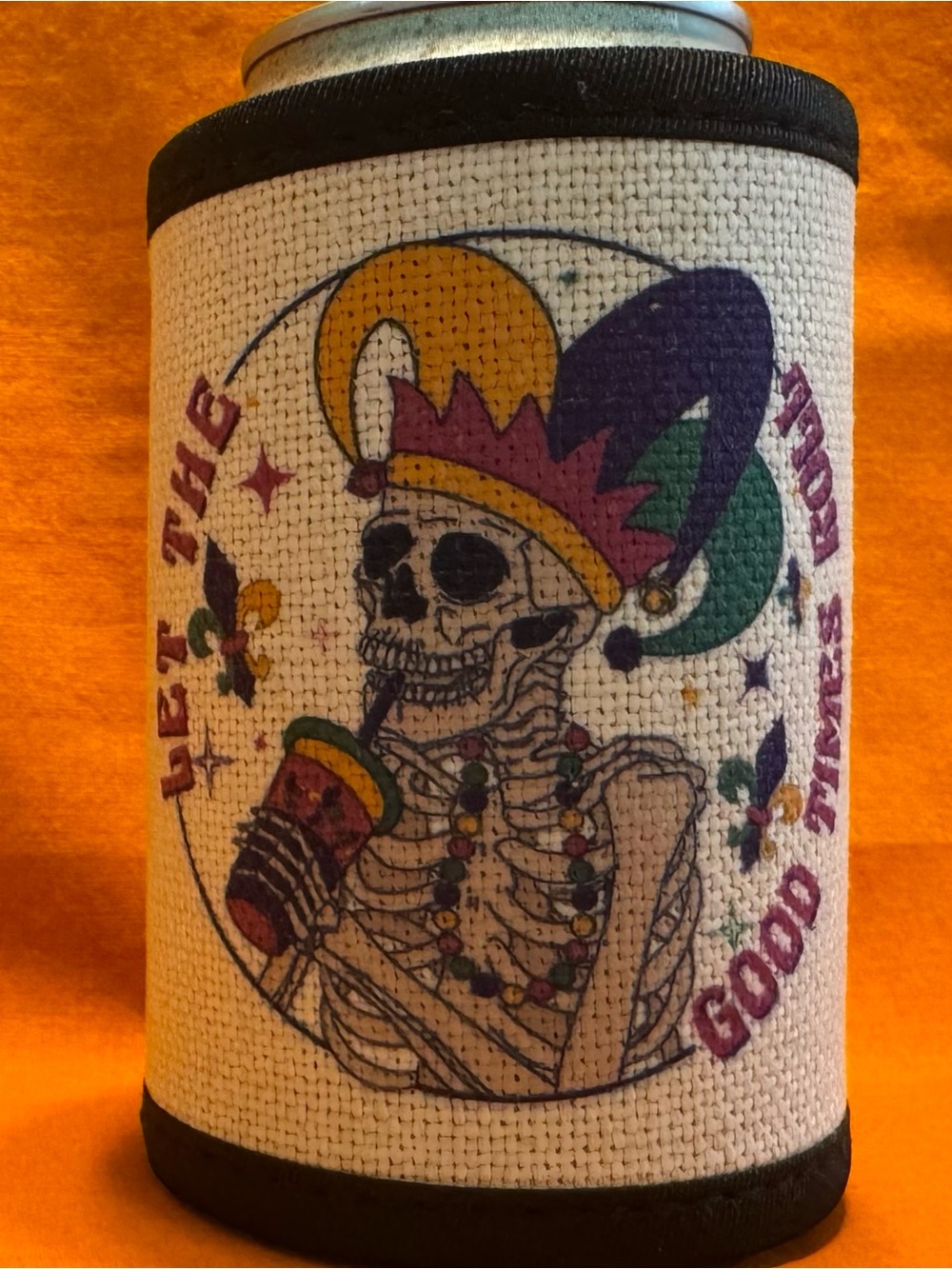 Mardi Gras Skeleton Beverage Holder - Purple, Green & Gold can Koozie